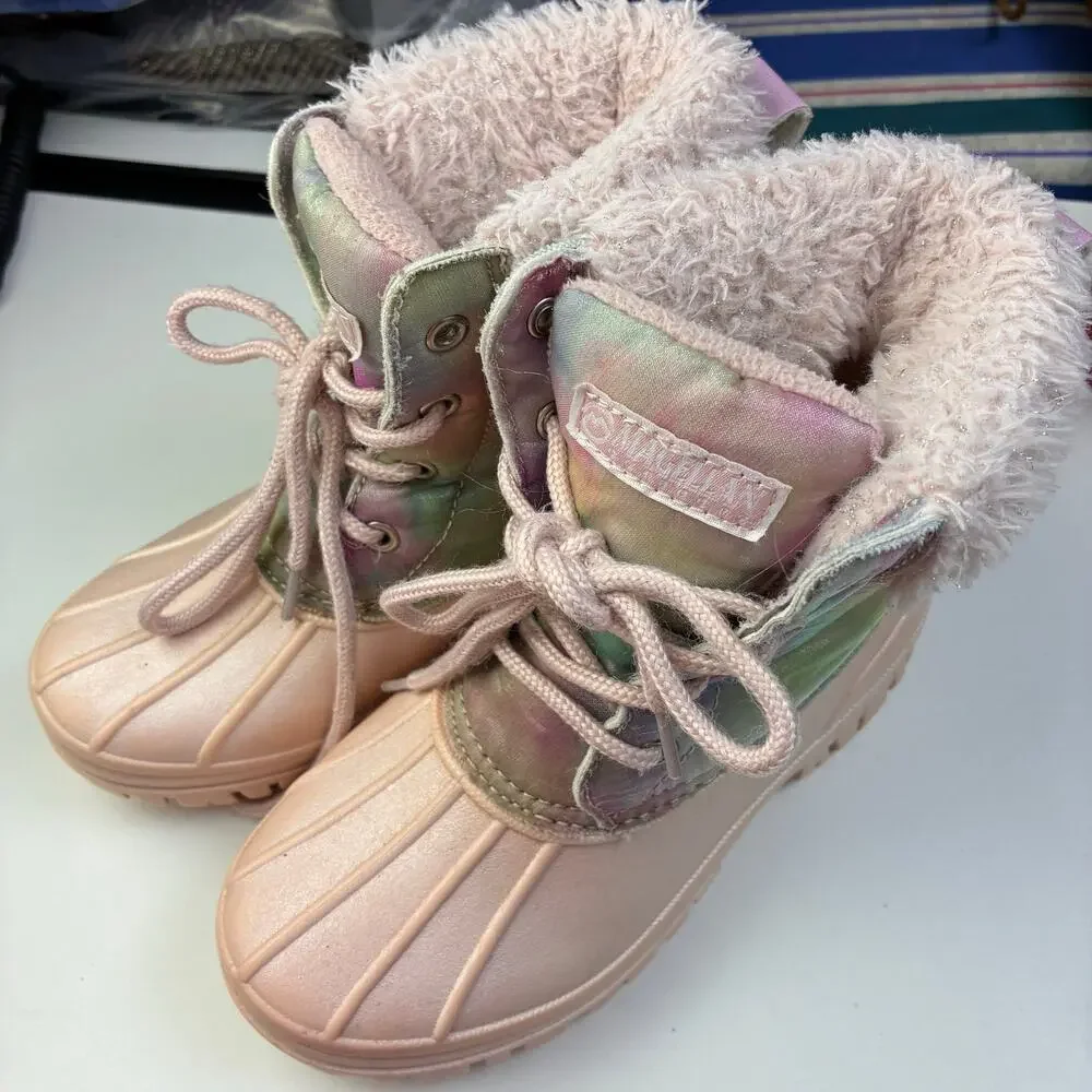 Magellan Outdoors Girls Youth Size 13D Snow Boots Pink Rainbow Lace Up Outdoors